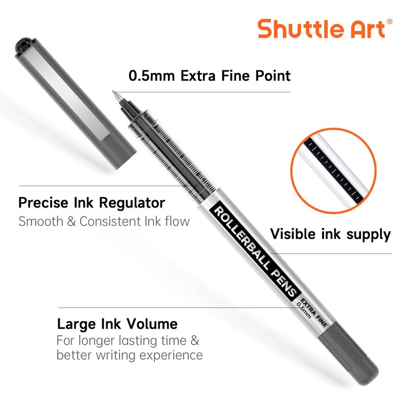 Shuttle Art أقلام شاتل آرت رولر بول، عبوة 25 قلم أسود بنقطة دقيقة، أقلام حبر سائل 0.5 مم للكتابة وتدوين الملاحظات في المدرسة والمكتب - Image 2